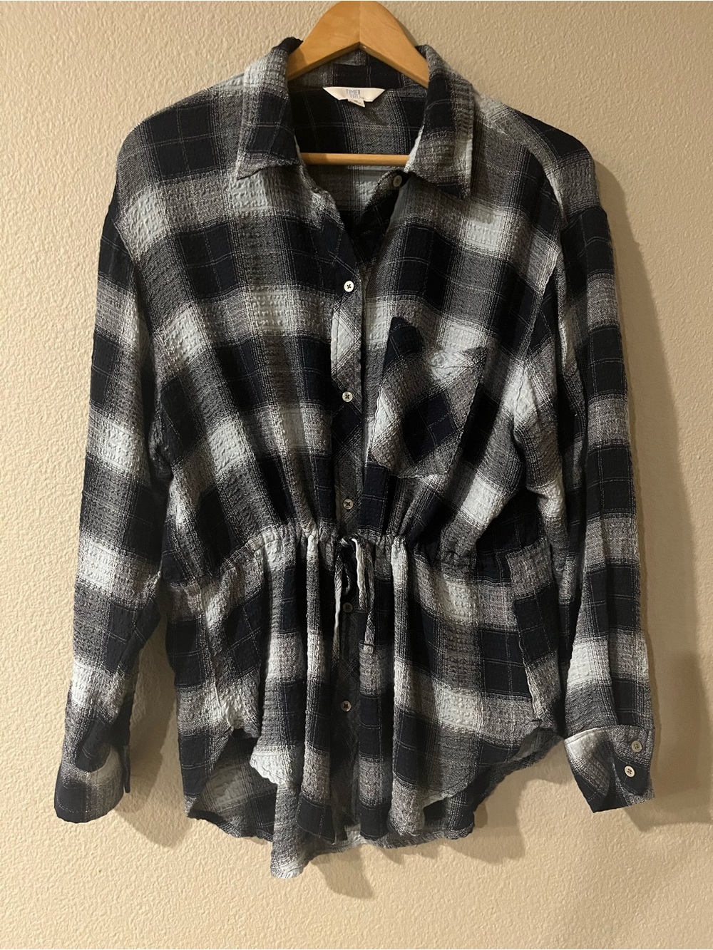 Navy & Light Blue Plaid Drawstring Shirt - Women Tops